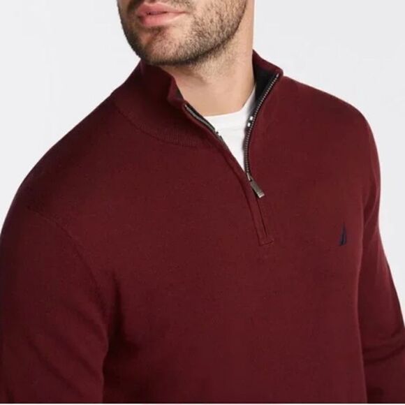 Nautica XL Burgundy with Navy Details Cotton Knit Quarter Zip Pullover